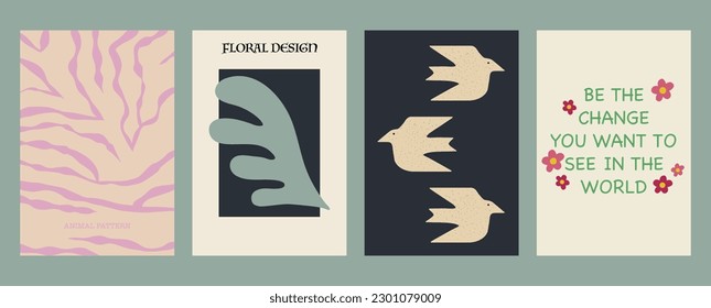 Vector illustration. Trendy y2k style posters with animal print, lettering, leaves and birds. Modern minimalist print. Perfect as a background pattern, textile design and home decor.