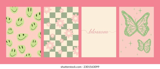 Vector illustration. Trendy y2k style posters with emoticons, lettering, checkerboard, flowers and butterflies. Modern minimalist print. Perfect as a background pattern, textile design and home decor.