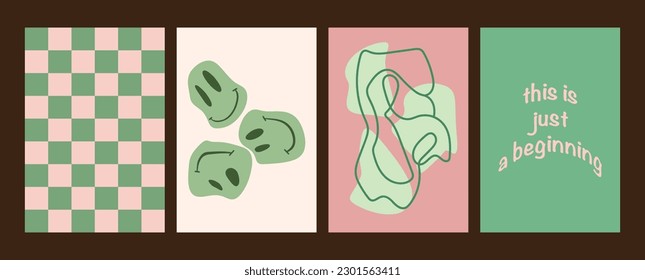 Vector illustration. Trendy y2k style posters with smileys, lettering, checkerboard. Modern minimalist print. Perfect as a background pattern, textile design and home decor.