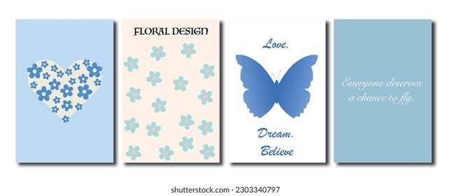Vector illustration. Trendy y2k style posters with heart, lettering, flowers, butterfly and gradient. Modern minimalist print. Perfect as a background pattern, textile design and home decor.