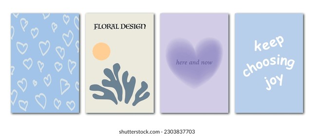 Ilustración vectorial. Afiches de moda estilo y2k con hojas, espacio de texto y corazones. Impresión minimalista moderna. Perfecto como fondo, diseño textil y decoración casera.