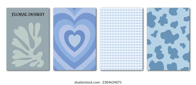 Vektorgrafik. Trendy2k Stil Plakate mit Blättern, Textraum, Herz, Zell- und Kuhdruck. Moderner minimalistischer Druck. Perfekt als Hintergrundmuster, Stoffdesign und Inneneinrichtung.
