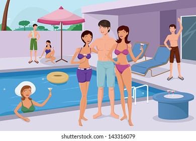 A vector illustration of trendy young people having a pool party