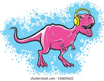 Vector illustration of t-rex dinosaur with headphones. Easy-edit layered vector EPS10 file scalable to any size without quality loss. High resolution raster JPG file is included. 