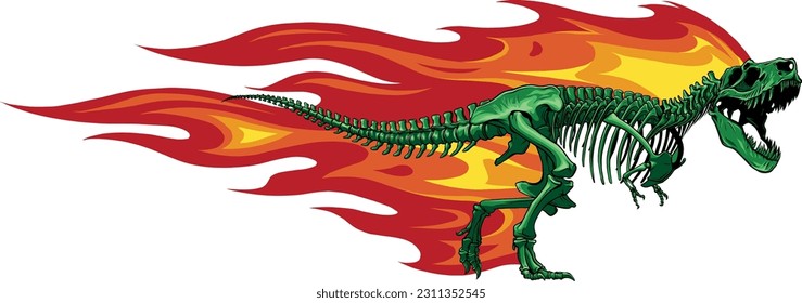 vector illustration of T-rex dinosaur skeleton with flames