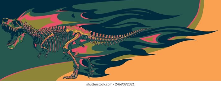 vector illustration of T-rex dinosaur skeleton with flames