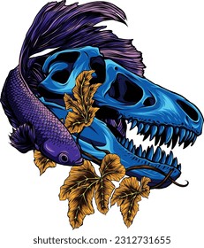 vector illustration of T-rex Skull with betta fish