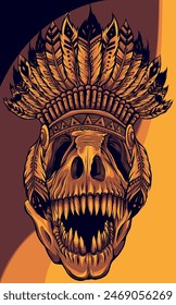 vector illustration of T-Rex Skull with feather hat