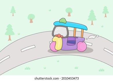 Vector illustration Tri motor cycle,Tuk Tuk taxi car Thailand like a colorful toy running on the road in the garden, cute cartoon style.