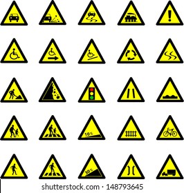 Vector illustration of triangle black and yellow road signs collection