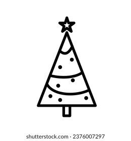 Vector illustration of a triangle Christmas tree with star on top. Minimal icon in line style for Christmas or new year celebration. Simple design