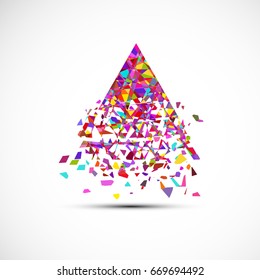 vector illustration with triangle consist from many colors particles. A symbol of destruction or of creation. The pyramid is destroyed at the base or, particles are attracted to create new forms