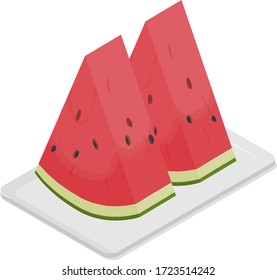 Vector illustration of triangle cutted watermelon on the dish.