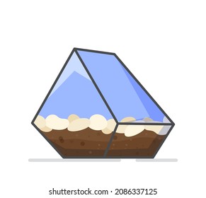 Vector illustration of a triangle glass pot. Isolated on white background greenhouse triangle glass pot with stones and soil inside. 