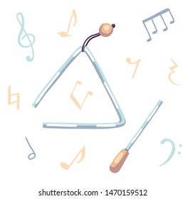 Vector illustration of a triangle with musical symbols. Classical musical instruments. Blue and silver colors. Isolated objects. White background