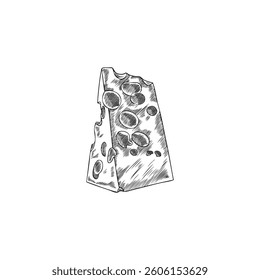 Vector illustration of a triangle piece of cheese with holes, monochrome hand sketch. Maasdam. Dairy product. Food. Vintage gravel style. Isolated background. Ingredient.