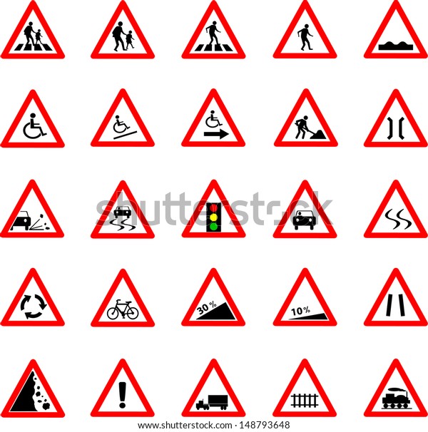 Vector illustration of triangle red and white\
road signs collection