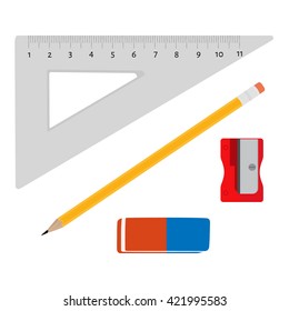 Vector illustration triangle ruler, eraser, pencil with eraser and red sharpener isolated on white background. Stationery, office tools