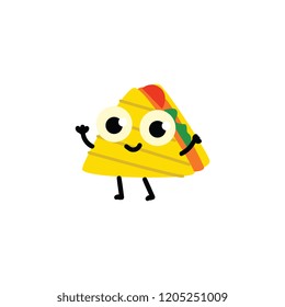 Vector illustration of triangle sandwich cartoon character isolated on white background in flat style. Full meal with bread and meat with vegetables for tasty fast food concept.