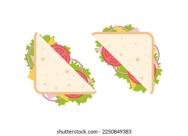 vector illustration of triangle sandwich with cheese, ham, tomato, red onion and lettuce for banners, cards, flyers, social media wallpapers, etc.