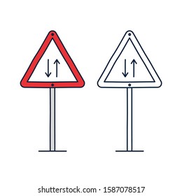Vector illustration of triangle traffic sign for two way. Two-ways traffic road symbol in red triangle isolated on white.