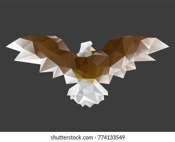 Vector illustration of triangles and low poly geometric figures in shape of eagle bird isolated on dark background.