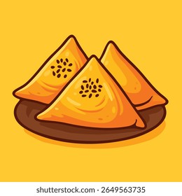 Vector illustration of triangle-shaped baked samosas on a plate in cartoon style. Great for traditional food, snacks, and cultural cuisine visuals.

