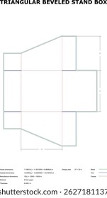 Vector illustration of a triangular beveled stand box diecut template with dimensions and measurement specifications.