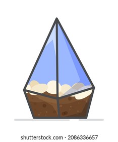 Vector illustration of triangular glsass pot. Sharp glass pot with ground and stones inside. 