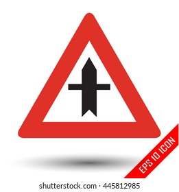 Vector illustration of triangular sign for Intersection with a secondary road traffic sign isolated on white background.