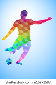 Vector illustration. triangular silhouette of a football player. Soccer player shooting , creative drawing, white background