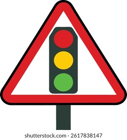 Ilustração vetorial de um sinal de trânsito triangular com um semáforo vertical. Útil para visuais de segurança rodoviária, material educacional e projetos com temas de transporte.