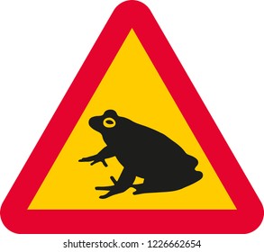 Vector illustration with triangular warning sign with red frame and yellow background. Warning for frogs