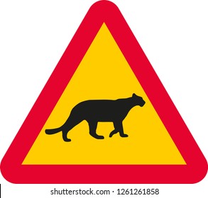 Vector illustration with triangular warning sign with red frame and yellow background. Warning for puma, cougar, mountain lion