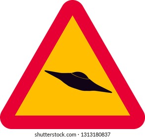 Vector illustration with triangular warning sign with red frame and yellow background. Warning for UFO, Aliens