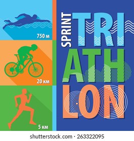 Vector illustration triathlon, flat design. Poster sprint triathlon.