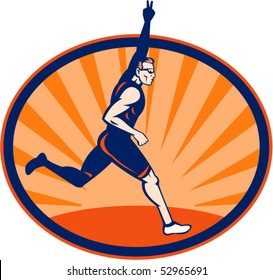 vector illustration of a Triathlon runner flashing victory sign set inside an ellipse.