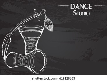 Vector illustration with tribal accessories stylized as chalk drawing on a blackboard. Design for a dance studio.