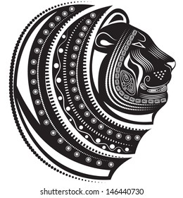 Vector illustration of a tribal animal - Lion Head - in graphic black and white style