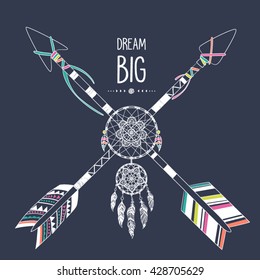 Vector illustration with tribal ethnic arrows, dreamcatcher and feathers. American indian motifs. Boho style. "Dream BIG" motivational poster.