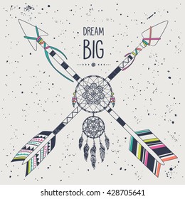 Vector illustration with tribal ethnic arrows, dreamcatcher and feathers. American indian motifs. Boho style. "Dream BIG" motivational poster.