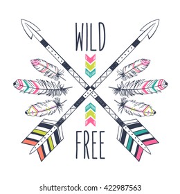 Vector illustration with tribal frame with ethnic arrows and feathers. American indian motifs. Boho style. "Wild&Free" motivational poster.