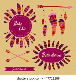 Vector illustration with tribal frame with ethnic arrows and feathers. American indian motifs. Boho style.