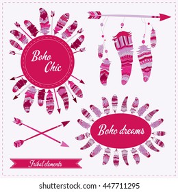 Vector illustration with tribal frame with ethnic arrows and feathers. American indian motifs. Boho style.