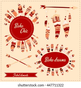 Vector illustration with tribal frame with ethnic arrows and feathers. American indian motifs. Boho style.