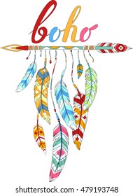 Vector illustration with tribal frame with ethnic arrows and feathers. American indian motifs. Boho style.