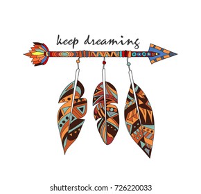 Vector illustration of tribal frame with ethnic arrows and feathers. American indian motifs