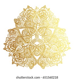 Vector illustration of tribal mandala with lotus flowers ans paisley element, golden foil texture ornament isolated on white