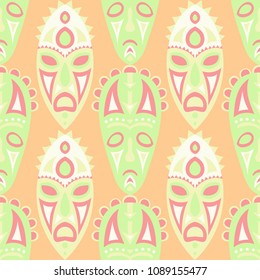 Vector Illustration. Tribal Seamless Background with Ritual Masks for Card or Poster. Ethnic Seamless Background with Color Trible Ritual Masks for your Design. Vector Texture.