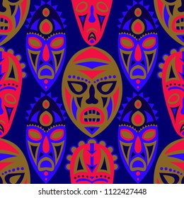 Vector Illustration. Tribal Seamless Background with Ritual Masks for Poster or Banner. Ethnic Seamless Pattern with Color Trible Shamanic Masks for your Design. Vector Texture.